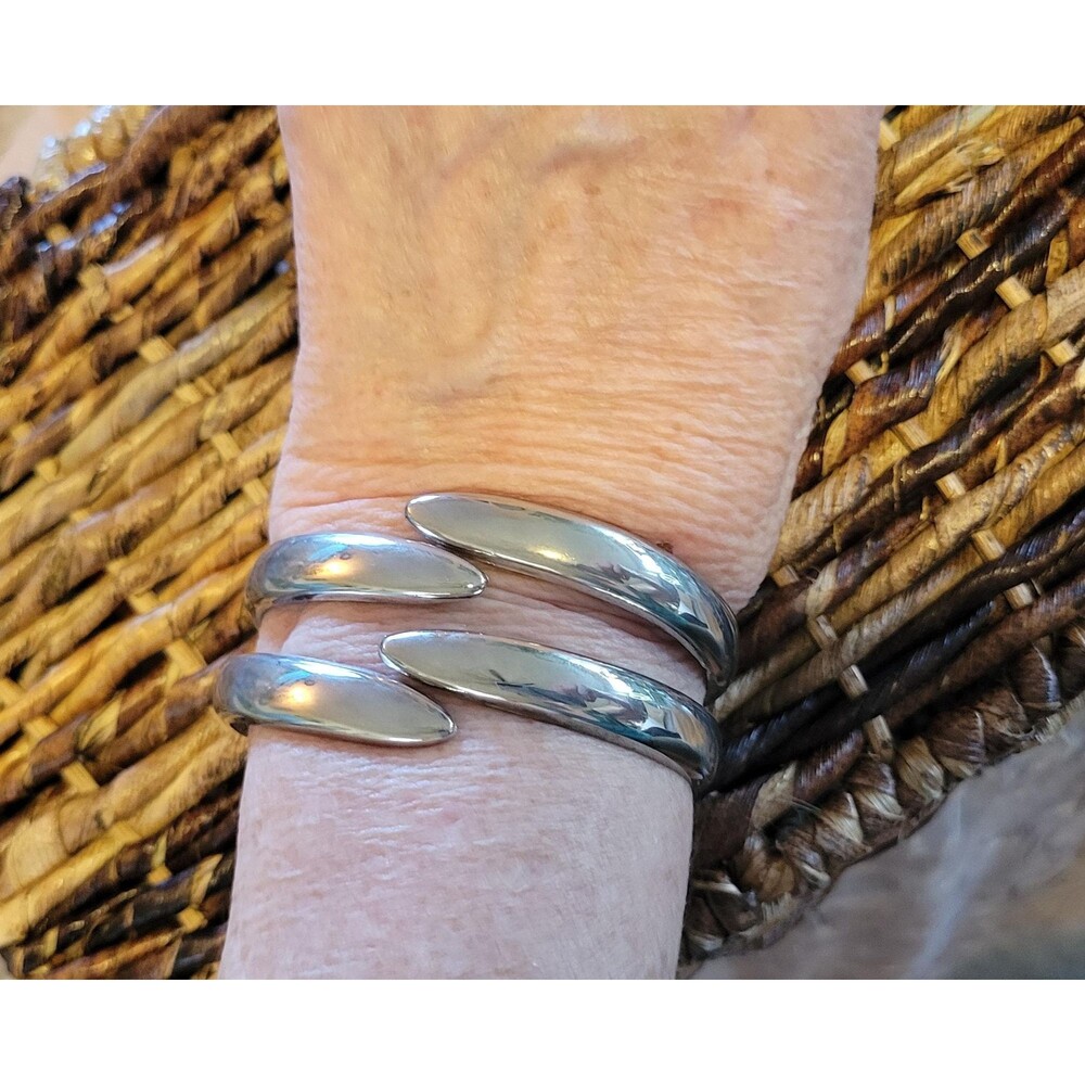 Mid-Century Modernist Silver Plated Double Strand Bypass Cuff Bracelet